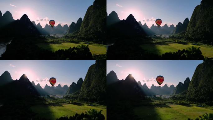 桂林山水中飞行的热气球