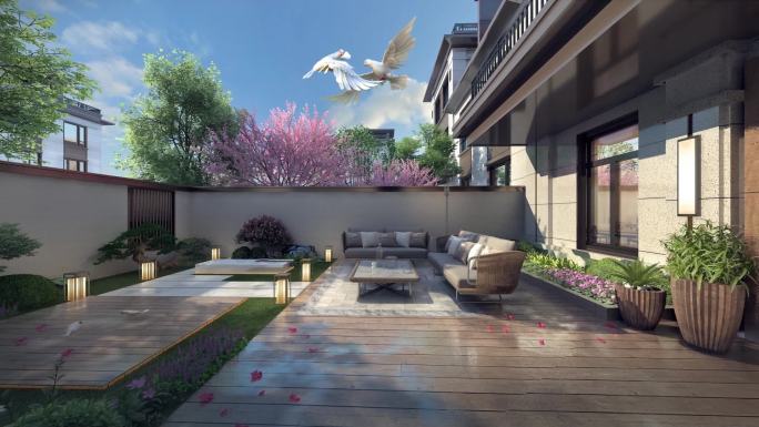 新中式别墅庭院景观动画素材
