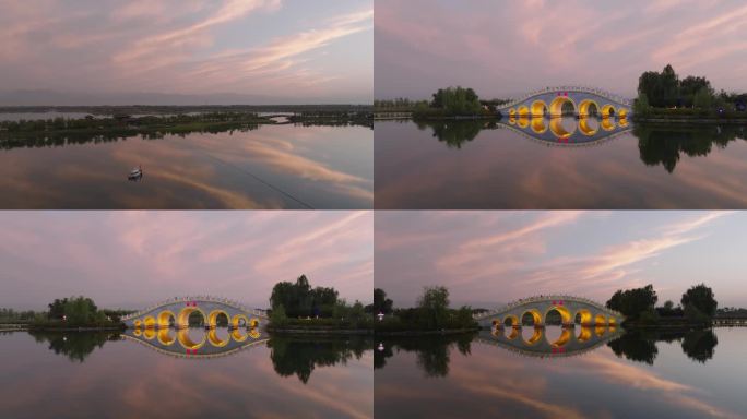 西安昆明池七夕公园夜景灯光大气湖面倒影