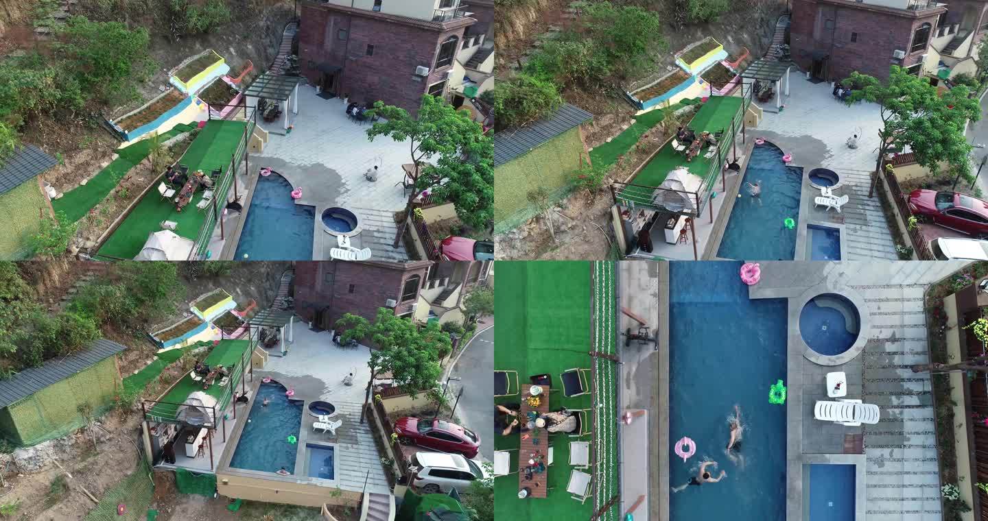 4K航拍露天别墅私人花园游泳池享受生活