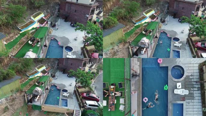 4K航拍露天别墅私人花园游泳池享受生活