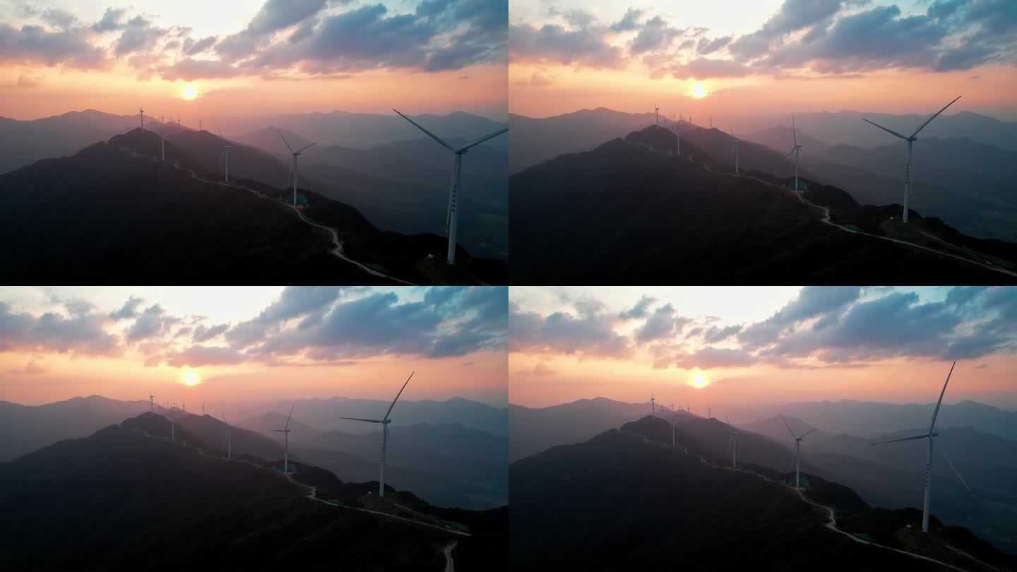 夕阳中的风力发电风车4K