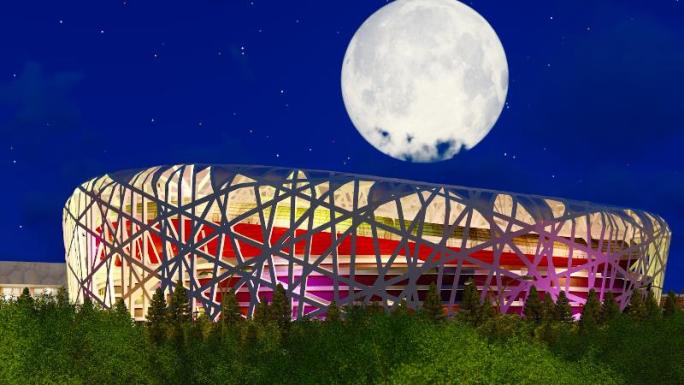 北京鸟巢体育馆夜景月亮升起延时