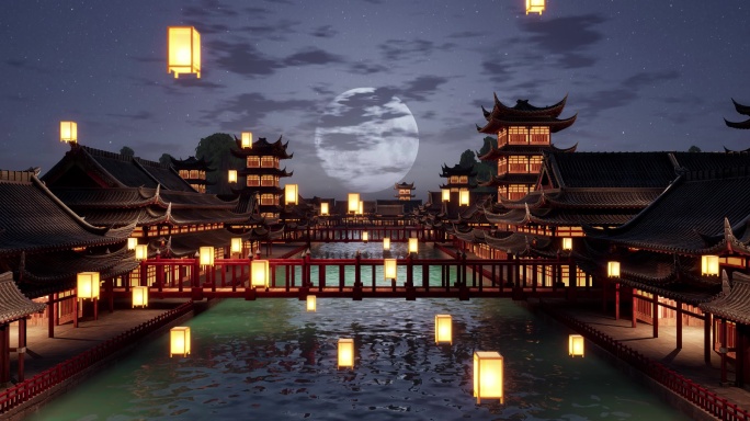 古代唐朝河流中秋满月氛围节日大屏背景舞台