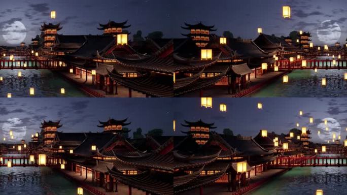 古代唐朝河流中秋满月氛围节日大屏背景舞台