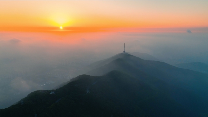 无锡惠山国家森林公园日出航拍山顶信号塔