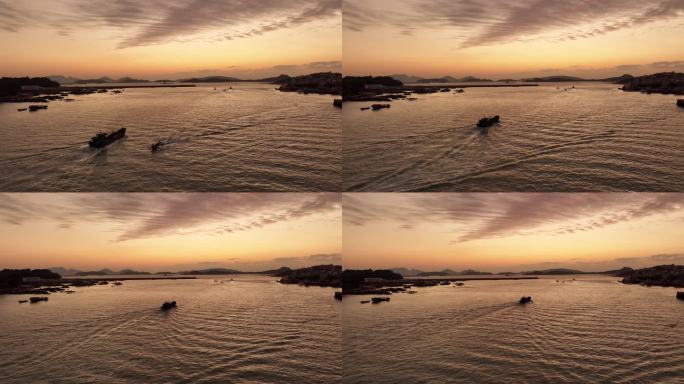 航拍清晨朝阳码头渔民渔船出海