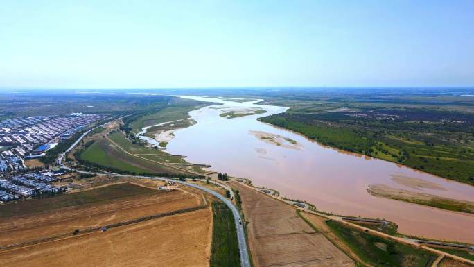 航拍河套地区黄河平原农业-河道河滩