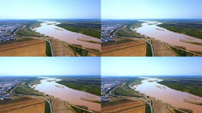 航拍河套地区黄河平原农业-河道河滩