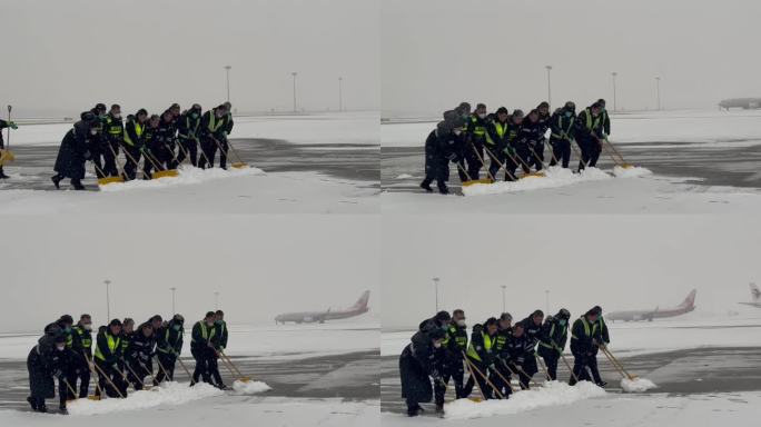 安检人员在机坪铲雪