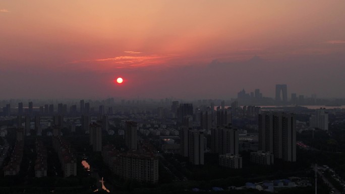 苏州园区湖东航拍金鸡湖景区落日