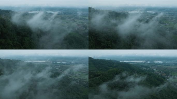 航拍四川乡村雨后薄雾风景