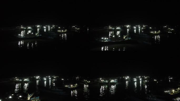 航拍渔村码头夜晚渔船