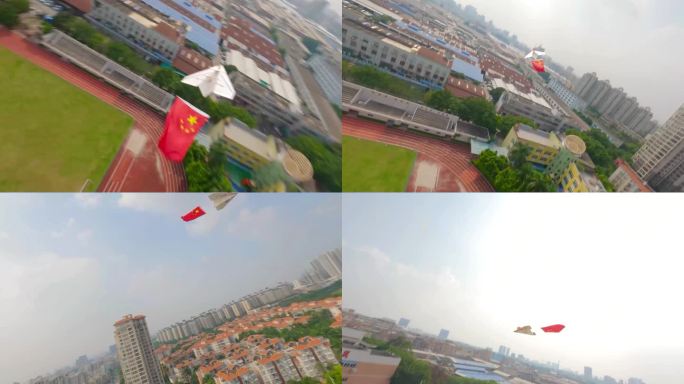 国庆—童年的纸飞机拉着国旗在空中盘旋飘扬