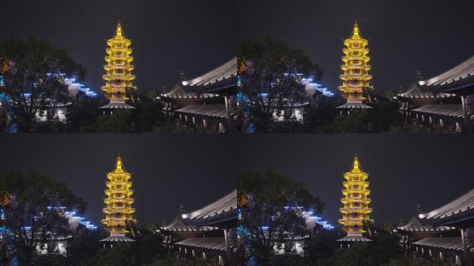 仰视上海松江泗泾古镇安方塔建筑灯光