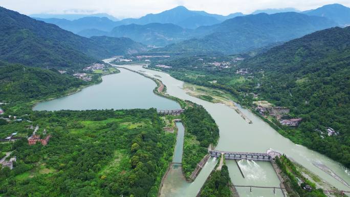 都江堰景区宝瓶口、鱼嘴分水堤、飞沙堰航拍