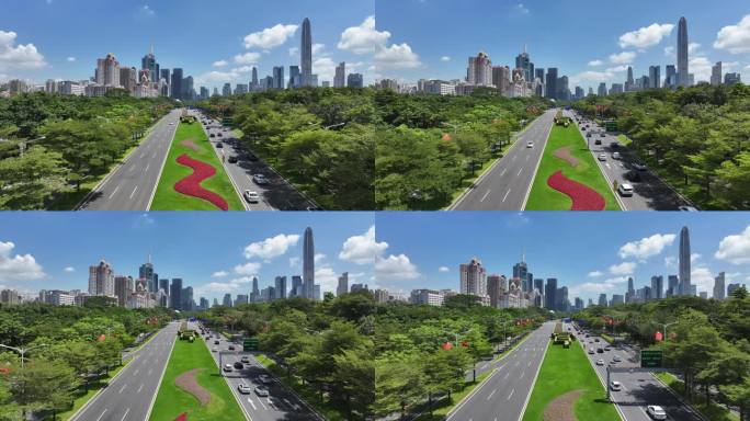 深圳福田区深南大道蓝天白云航拍