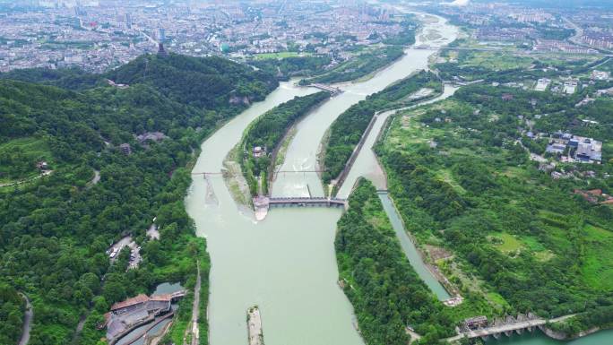 都江堰景区宝瓶口、鱼嘴分水堤、飞沙堰航拍