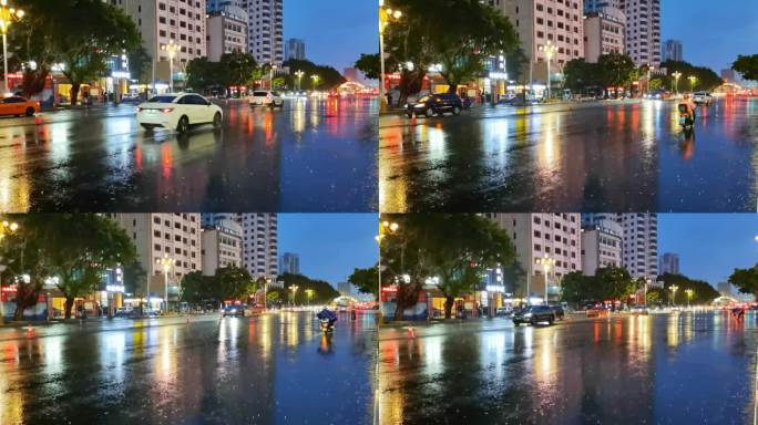 海南三亚台风来临时，城市街道大雨飘落