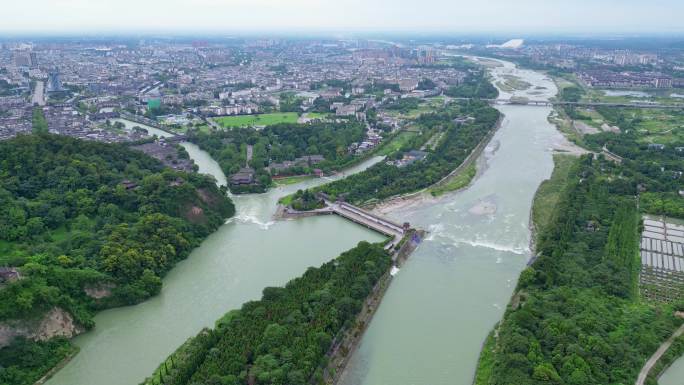 都江堰景区宝瓶口、鱼嘴分水堤、飞沙堰航拍