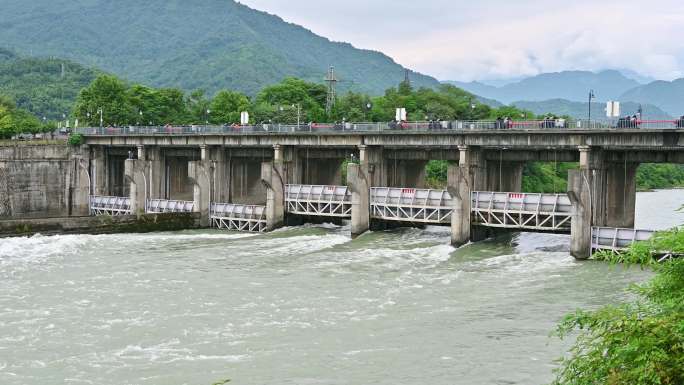 都江堰景区宝瓶口、鱼嘴分水堤、飞沙堰航拍