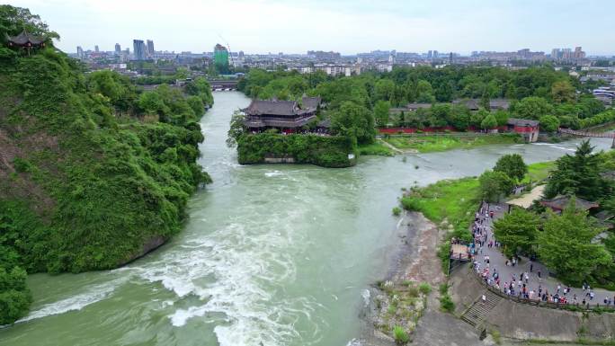 都江堰景区宝瓶口、鱼嘴分水堤、飞沙堰航拍