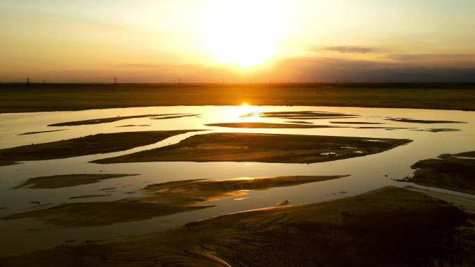 黄昏黄河落日夕阳平原河流航拍