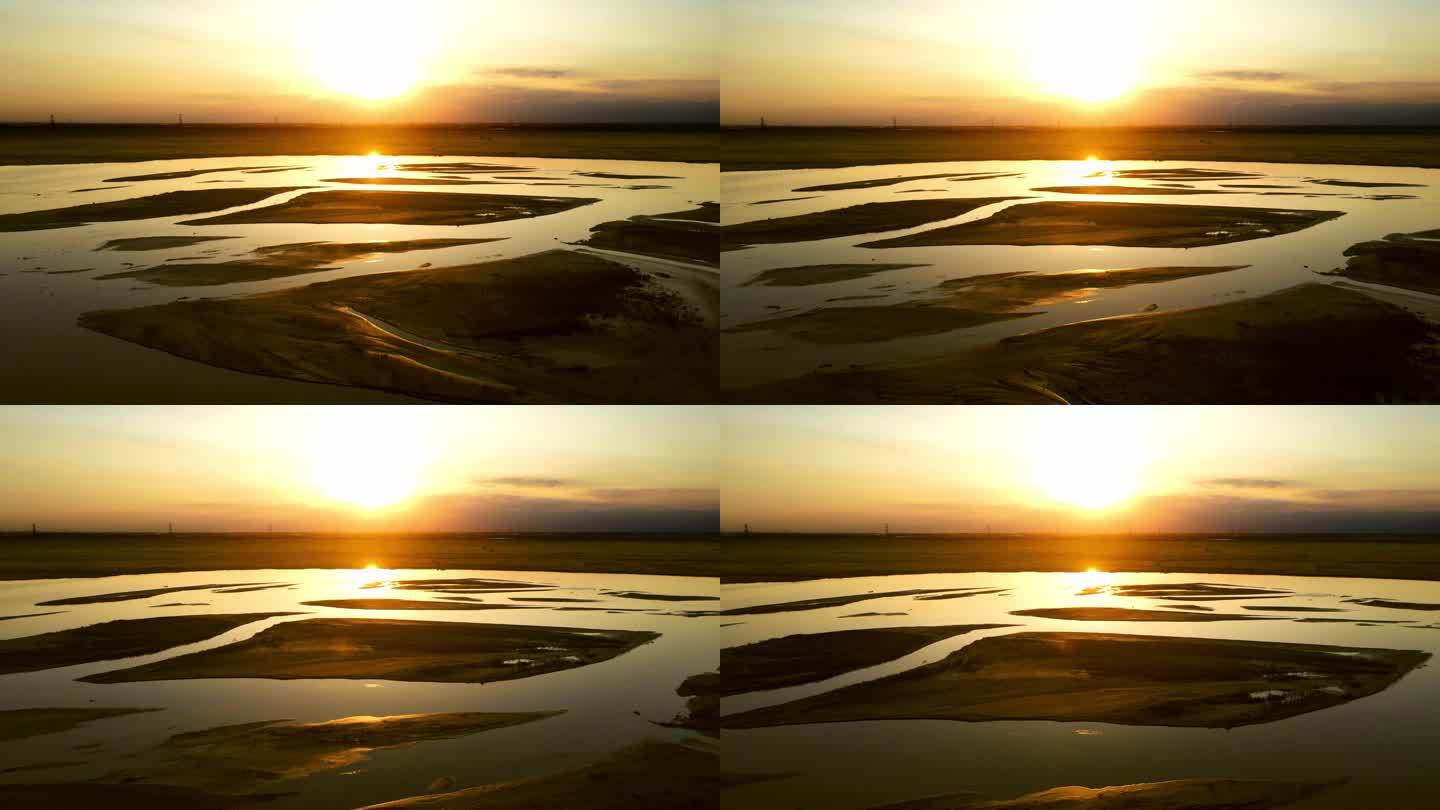 黄昏黄河落日夕阳平原河流航拍