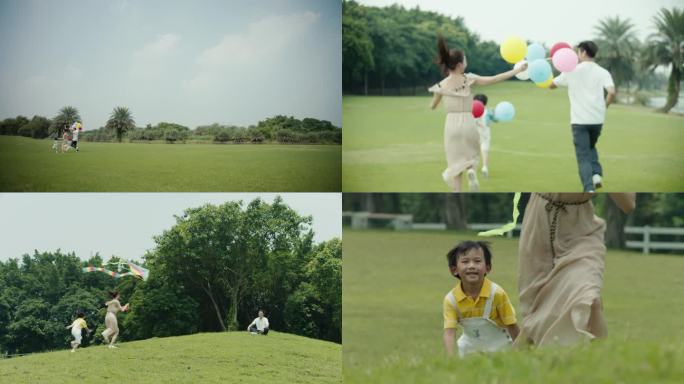 一家人小孩放风筝草原草地游玩气球幸福生活