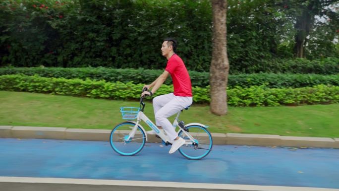 公园自行车道骑自行车骑车共享单车健康生活
