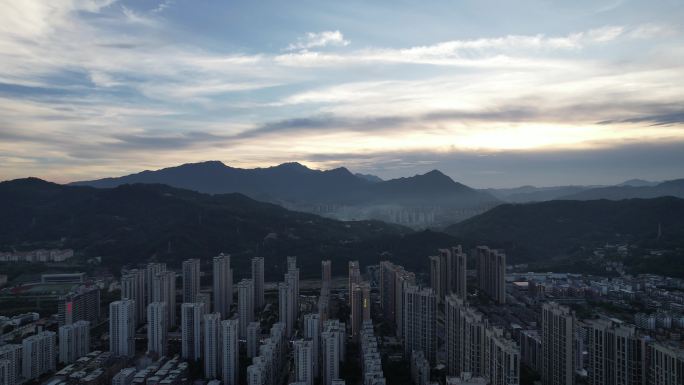 福建龙岩城市落日晚霞夕阳夜幕降临航拍