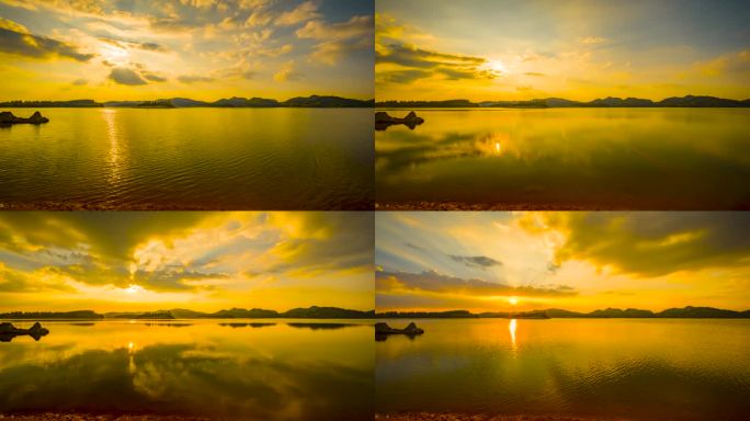 全高清湖面倒影日落夕阳丁达尔光线空镜头