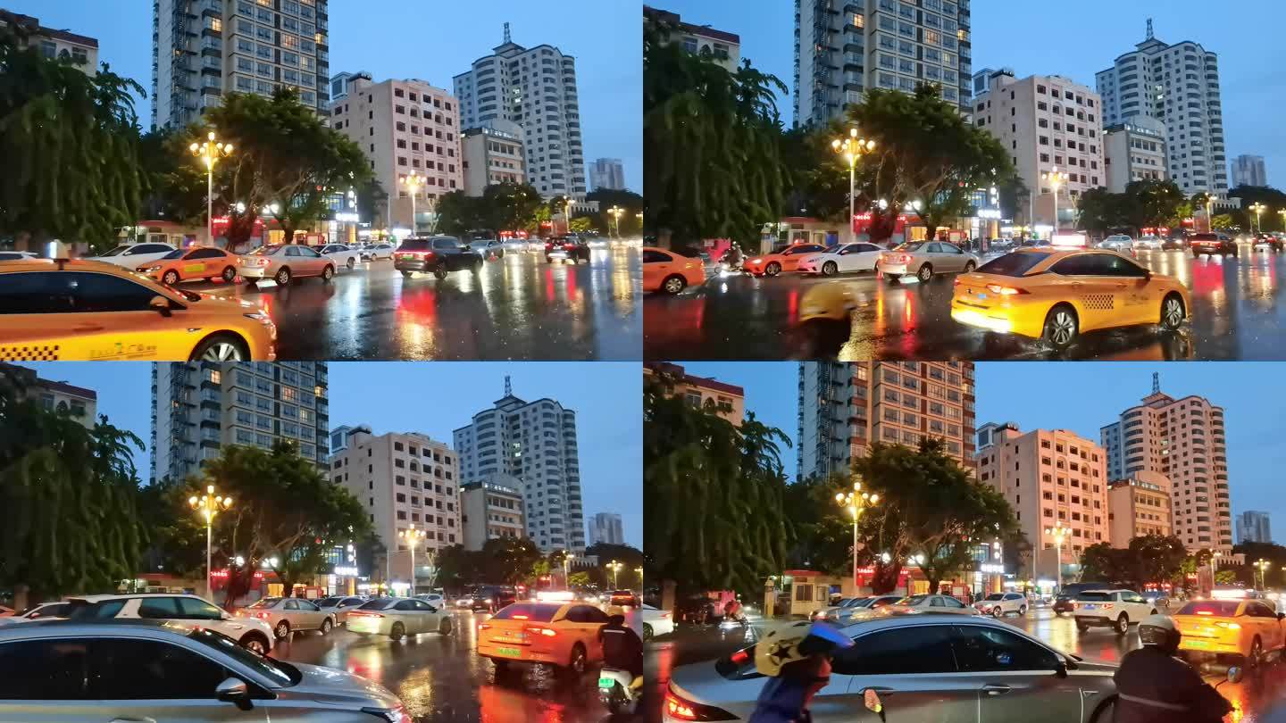 海南三亚台风来临时，城市街道大雨飘落