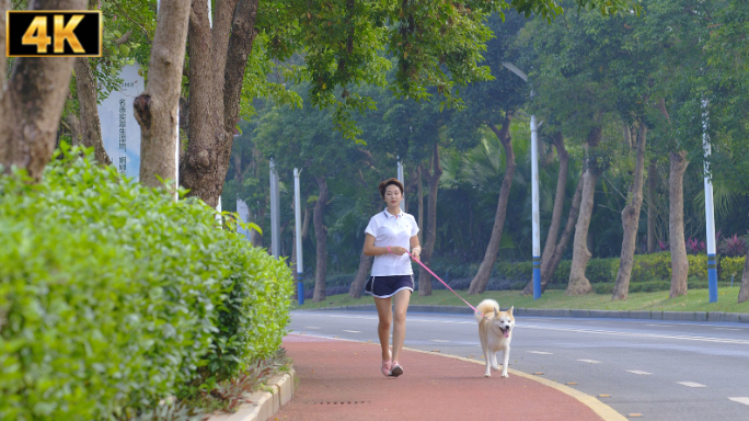 跑步晨跑公园跑步公园城市清晨遛狗橡胶跑道