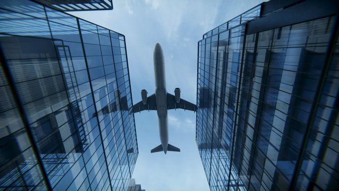 商务飞机起飞商业航班飞过楼顶跨越时代未来