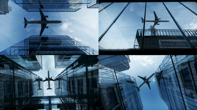 商务飞机起飞商业航班飞过楼顶跨越时代未来