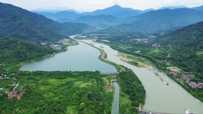 都江堰景区宝瓶口、鱼嘴分水堤、飞沙堰航拍