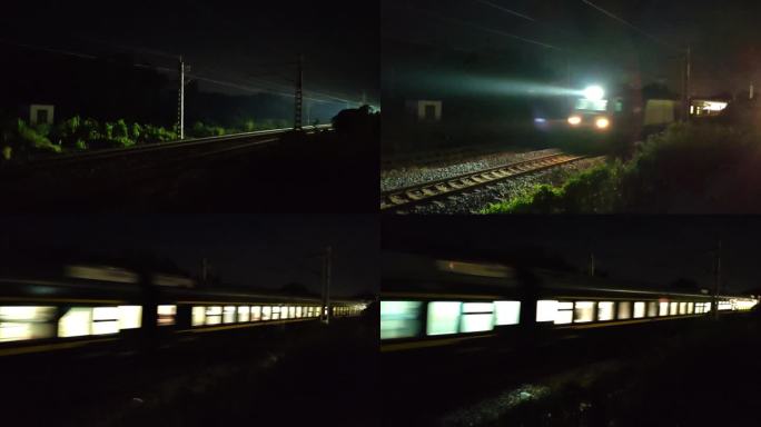 客运列车夜晚通行   火车探照灯