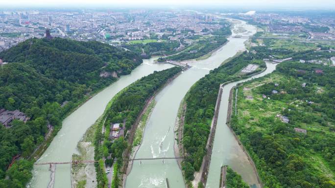 都江堰景区宝瓶口、鱼嘴分水堤、飞沙堰航拍