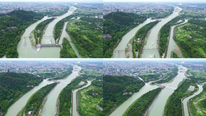 都江堰景区宝瓶口、鱼嘴分水堤、飞沙堰航拍