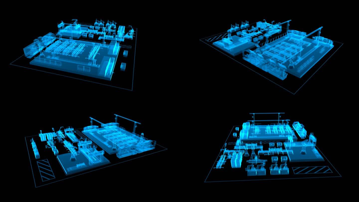 全息科技蓝色线框工业车间带通道无缝循环