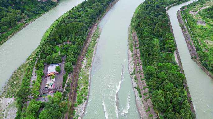 都江堰景区宝瓶口、鱼嘴分水堤、飞沙堰航拍