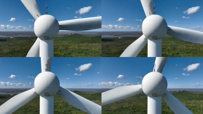 航拍山上的风能风力发电场风车