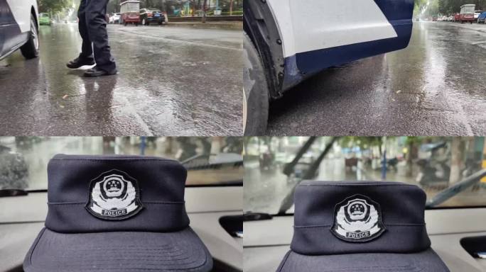 实拍下雨天警帽警察走过来开门上车