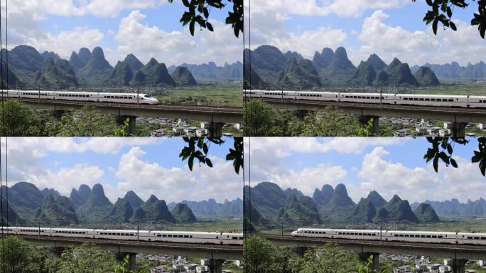 广西桂林高铁列车和谐号行驶进站出站