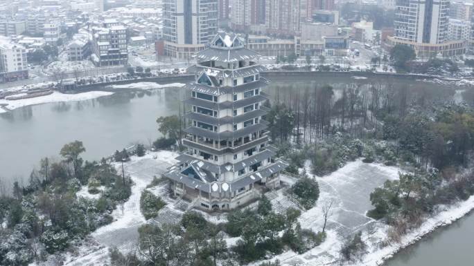 4K宁乡状元楼空镜雪景航拍