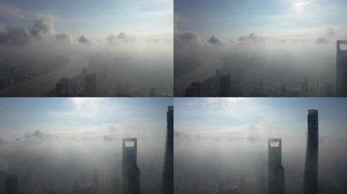 4K原素材-航拍上海晨雾、陆家嘴金融区