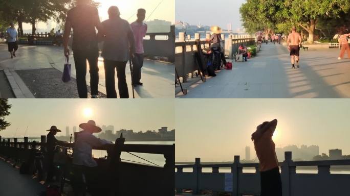 日出早起江滨公园湖边散步晨运老人剪影运动
