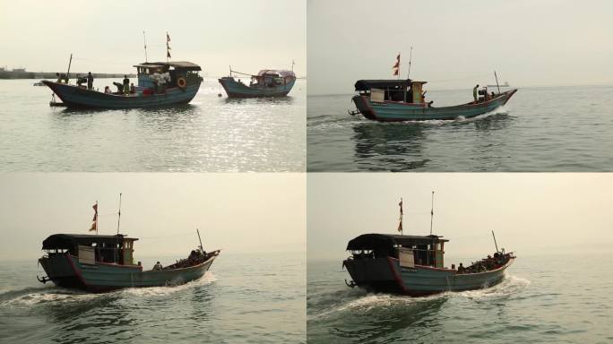 C福建晋江围头村海上渔船高清实拍视频