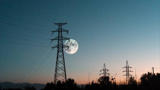 电力输送塔月亮升起延时